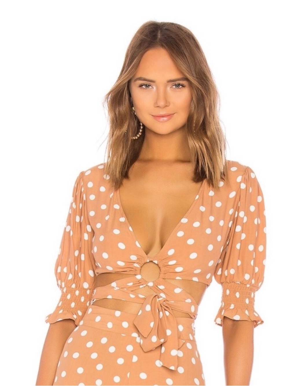 Tularosa Nanette Polka Dot Crop Blouse Latte Brown White Wrap Top